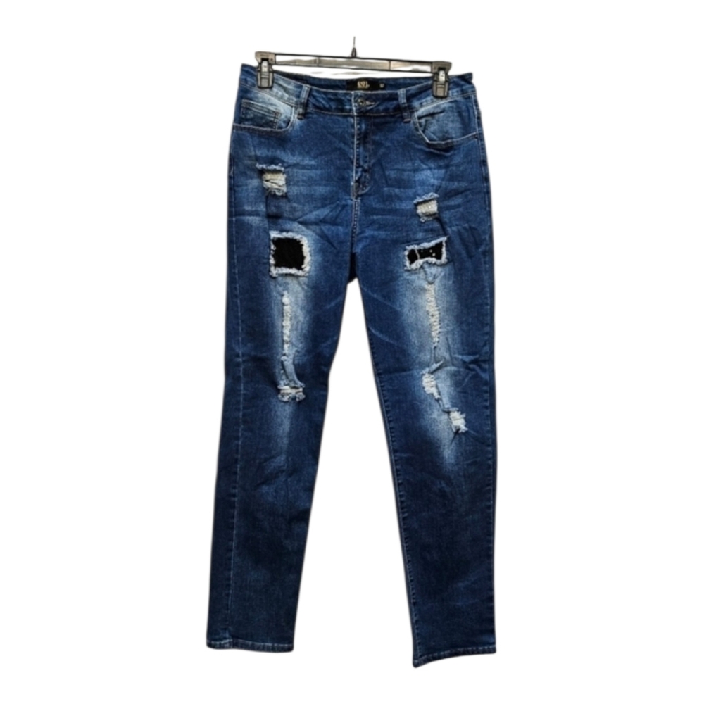 Lucky & Blessed Boyfriend Distressed Denim Blue Jeans Black Sequins Size 12